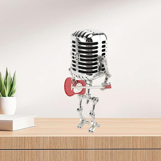 ZJchao Vintage Microphone Guitar Robot Table Lamp Aluminum Retro Metal Robot Night Light for Bedroom Desk Home Decor (Red)