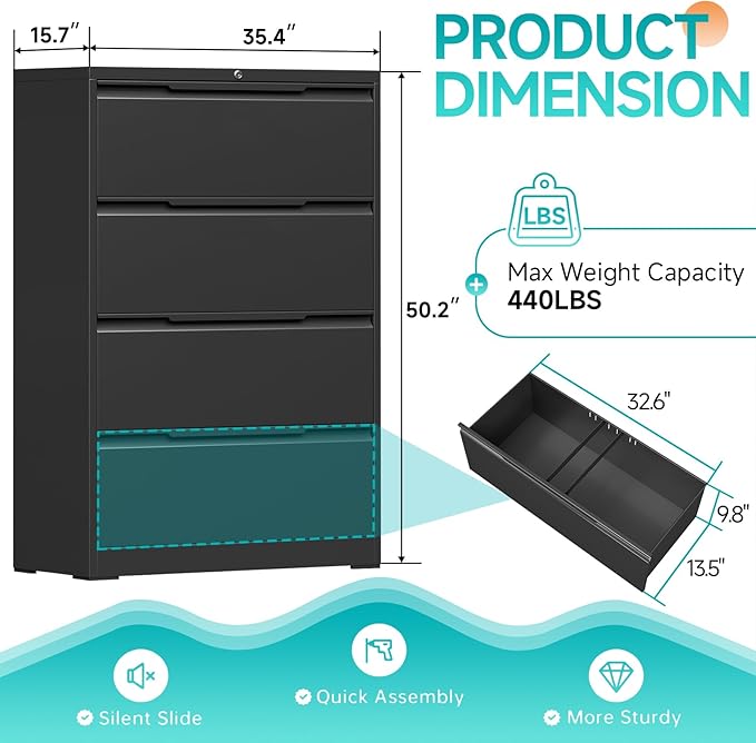 4 Drawer Lateral File Cabinet with Lock, Heavy-Duty Metal Vertical Filing Cabinet for Office, Steel Storage Compatible with Hanging Files Letter/Legal/F4/A4 Sizes (4 Drawer, Black)