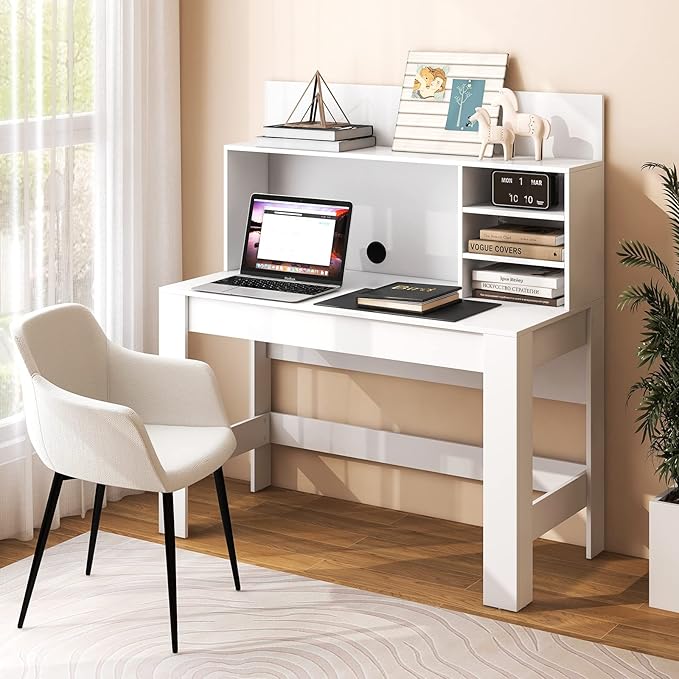 Giantex White Desk with Hutch, Home Office Desk with Bookshelf, Computer Workstation PC Laptop Table with Anti-Toppling Device & Cable Hole, Modern Study Writing Desk for Small Spaces, Bedroom