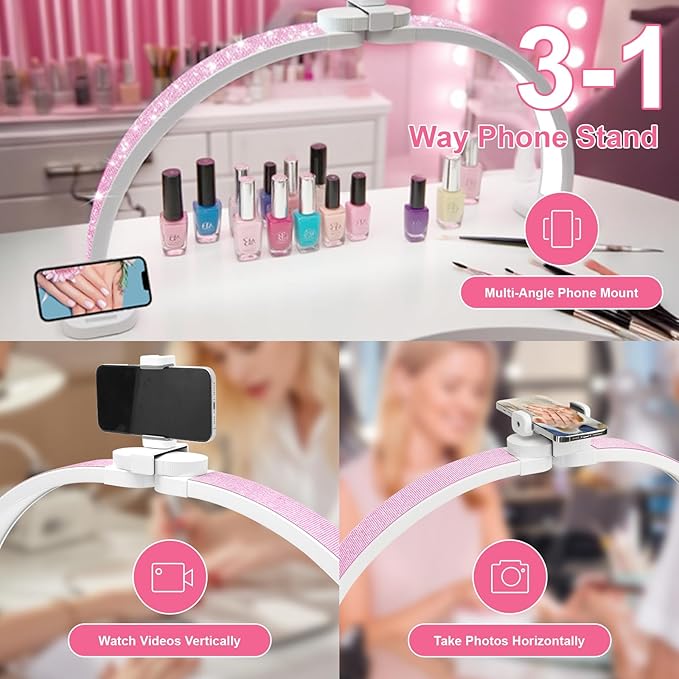 Half Moon Light for Nail Desk 31" Foldable LED Nail Desk Lamp with Phone Holder, Professional Nail Tech Light for Manicure & Beauty Studio