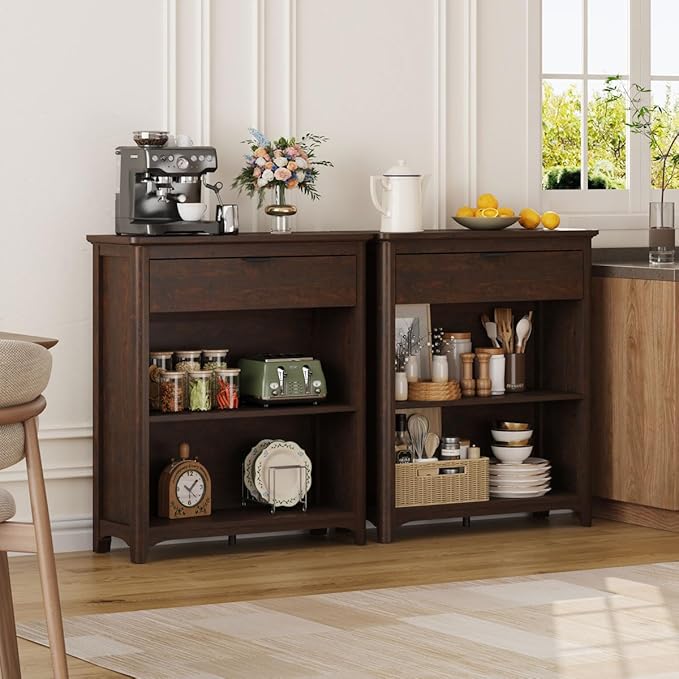 BON AUGURE Bookcase with Drawer, Open Storage Book Cases/Shelves, Floor Standing 3 Shelf Bookshelf for Farmhouse Living Room, Library Office, Bedroom, Kids (Brown Cherry)