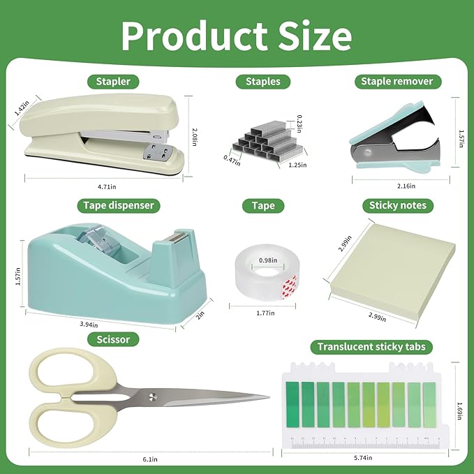 RAWILL Green Office Desk Accessories,10 Pcs Sage Green Desk Organizer Set,360° Rotating Pen Holder,Tape Dispenser,Staple Remover,Scissors,Stapler,Sticky Notes,Memo Pads,Adhesive Tape,Gifts for Office