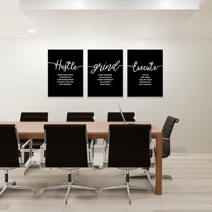 COSCTOR Set of 3 Motivational Posters Wall Art Canvas for Office Workplace Garage Gym Living Room Bedroom Grind Hustle Execute Black and White Wall Decor Inspirational Quotes Paintings(Framed,12x16)