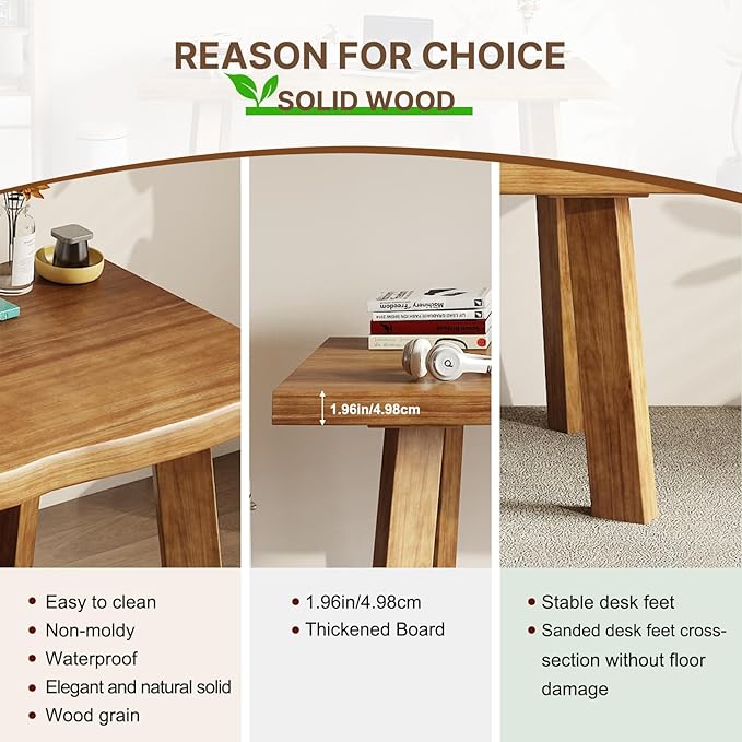Solid Wood Desk 55 inches, Live Edge Wooden Home Office Computer Desk Modern Simple Design for Writing, Study, Dining, Gaming
