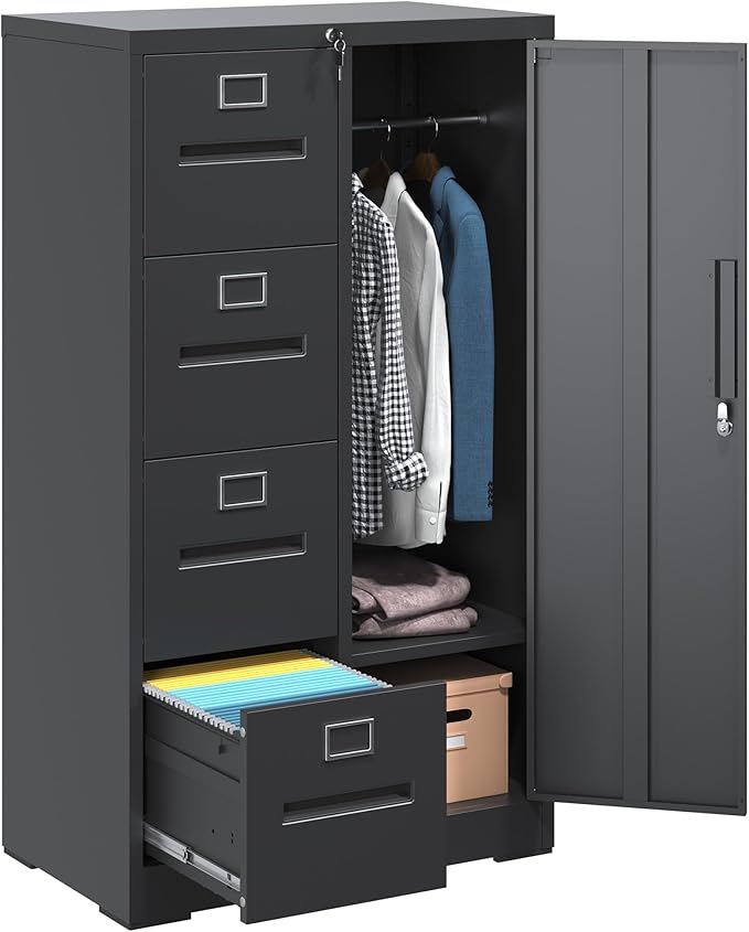 4 Drawer Black File Cabinet with 1 Door,Metal Storage Locker Cabinets for Employees,Home Office Lockable Steel Filing Cabinets for Legal/Letter Size Files, Assembly Required