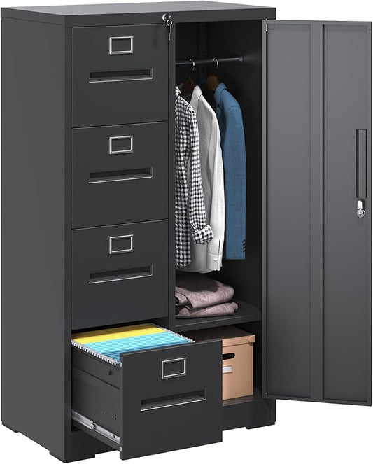4 Drawer Black File Cabinet with 1 Door,Metal Storage Locker Cabinets for Employees,Home Office Lockable Steel Filing Cabinets for Legal/Letter Size Files, Assembly Required