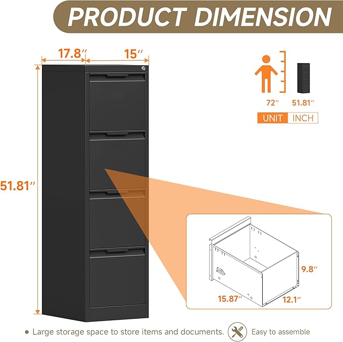Coolsun Metal File Cabinet with Lock, 4 Drawer Filing Cabinet for Home Office, Locking Vertical Filing Cabinet for A4/F4/Lagel/Letter Assembly Required (Black, 4 Drawer)