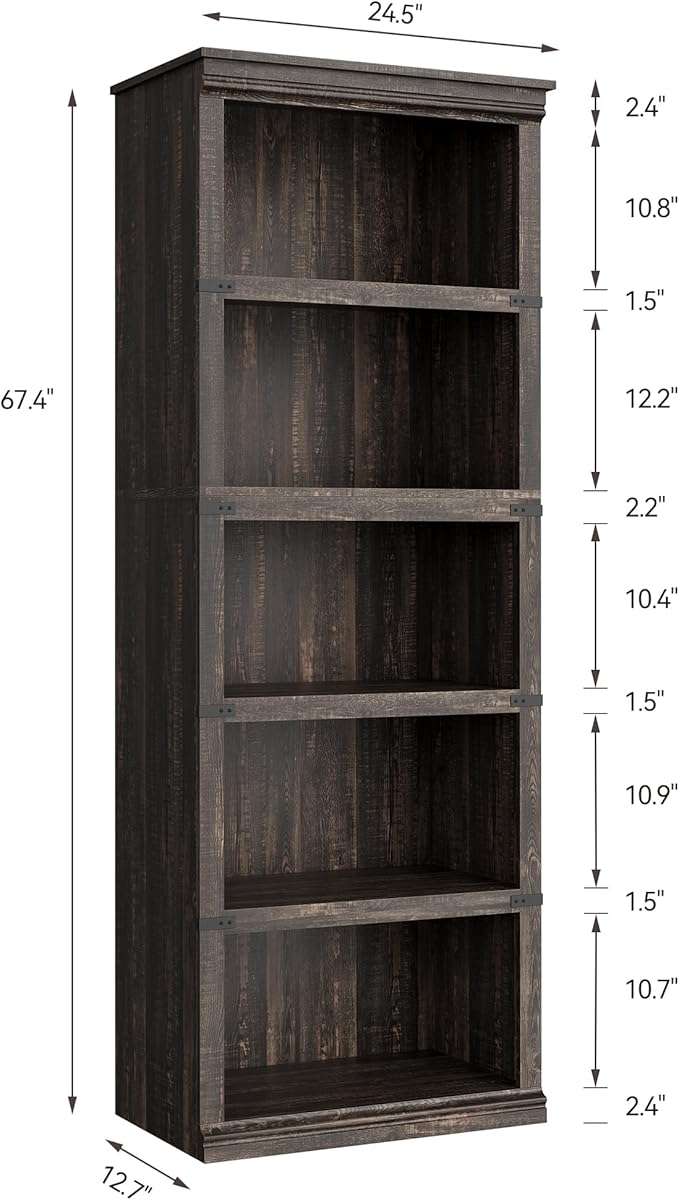 GarveeHome 5 Tier Farmhouse Bookcase, 67.4 in Tall Book Shelf with Storage, Wooden Bookshelves 5 Shelf Display Shelvesfor Home Office, Living Room, Bed Room (Oak, 67.4 in H x 24.4 in W x 12.8 in D)