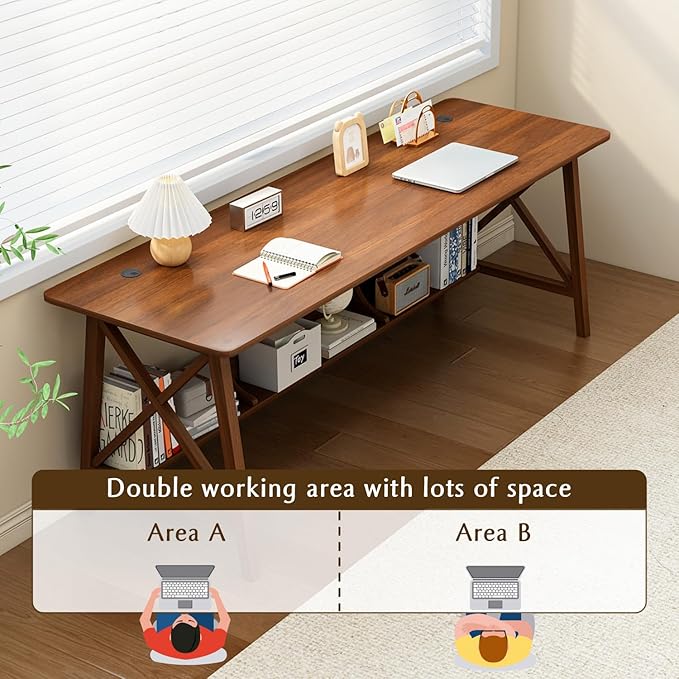 Extra Long Desk with Bookshelf - Wooden Home Office Work Study Table, 2-Person Writing Computer Workstation with Storage Shelf in Walnut, 63" Wx24 Dx30 H