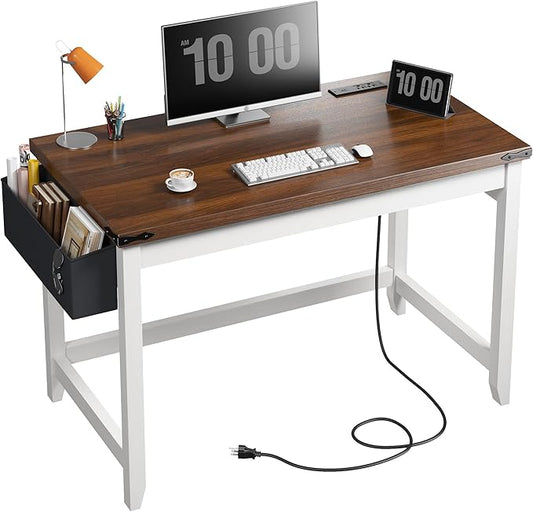 EnHomee 40 Inch Small Desk with Storage Bag Detachable, Gaming Desk with Power Outlet, Modern Simple Home Office Desk and Writing Desk for Small Spaces, Study Desk for Bedroom, Brown & White