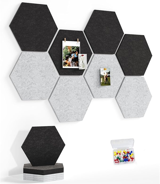 8 Pack Hexagon Felt Bulletin Board Tiles - 11.8" Large Thick Pin Board for Walls with 30 Push Pins, DIY Boards for Office Home School Decor, Aesthetic Hex Cork Board Alternative