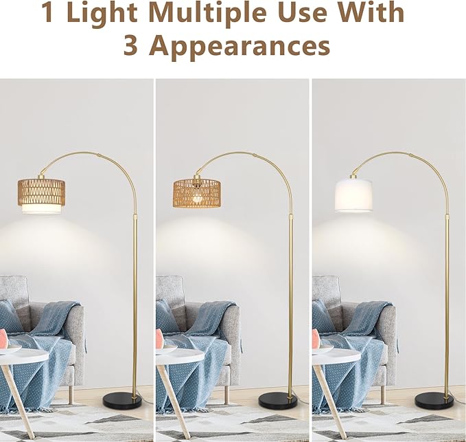 Arc Floor Lamp for bedroom with Rattan & Linen Shades, Gold Floor Lamp with Remote & Dimming Bulb, Rustic Standing Lamp with 3 Color Temperatures, Adjustable Height Farmhouse Tall Lamp for Living Room