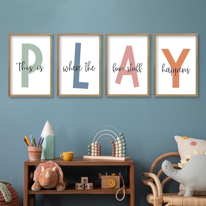 This Is Where The Fun Stuff Happens Kids Playroom Wall Art 24x16 Inch Set Of 4 Rustic Kids Wood Framed Boy Sign Toddler Modren Nursery Interesting Let's Play Prints Wall Hang Decor (Wood)