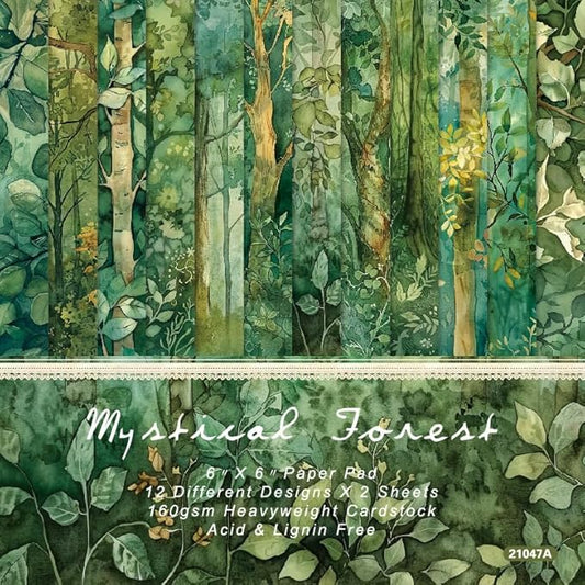 6x6 Scrapbook Paper Pad – Mystical Forest Botanical Green Designs, 24 Sheets (12 Designs x2), Single-Sided 160gsm Acid Free Cardstock for Card Making, Journaling & DIY Crafts