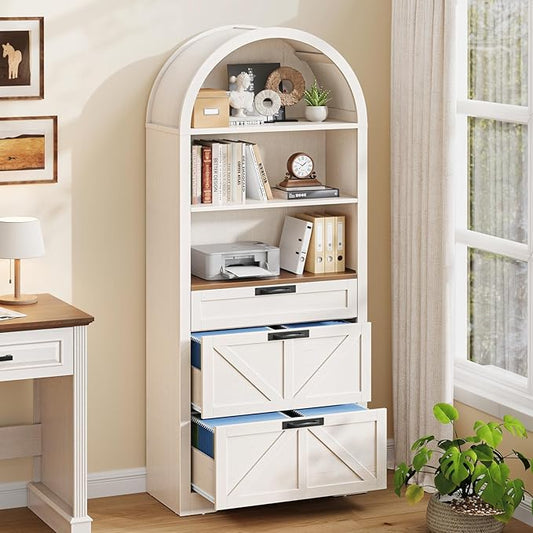 Arched Farmhouse File Cabinet with 2 Drawers for Legal, Letter, and A4 Size Hanging Files, Large Wooden File Cabinet for Home Office with Printer Stand and Bookshelf, Rustic White