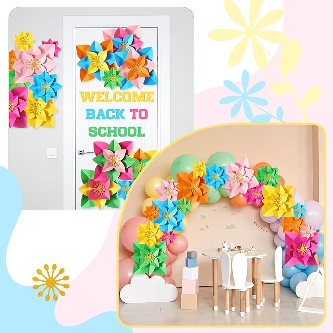 18 Pcs Paper Flowers Decor for Wall DIY Flower Bulletin Board 3D Spring Fiesta Mexican Paper Floral Decoration for Photo Backdrop Classroom Back to School Party(Pointed-Leaf Clover,Rainbow)