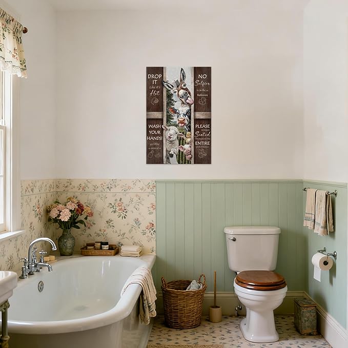 YOUHONG Funny Bathroom Wall Art Funny Decor Bathroom Pictures Wall Decor Quote Canvas Horse Sheep Cow Painting Farmhouse Animal Posters with Built-in Wooden Frame, Lightweight for Room (28x40 Inch)