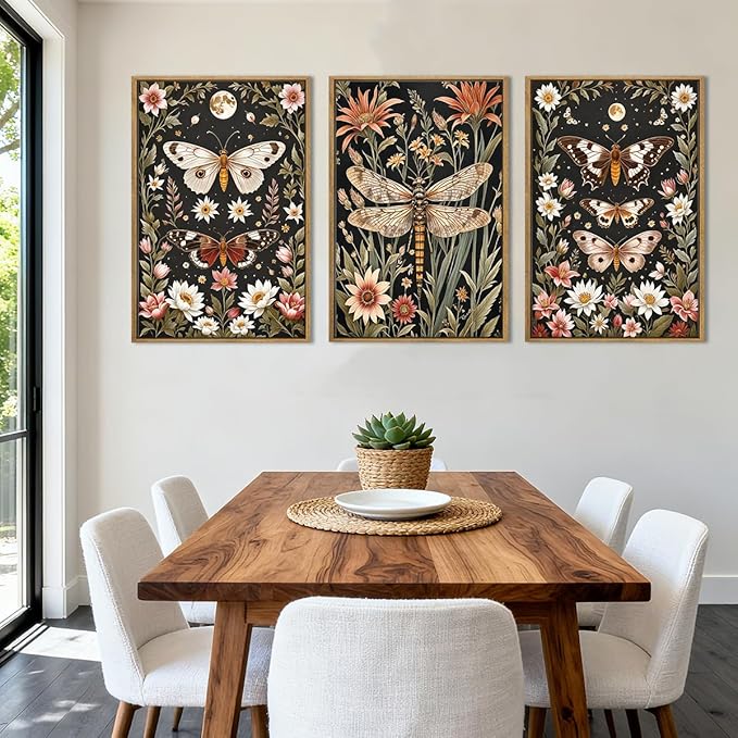 ANHUIB William Morris Wall Art 16x24 Inch Vintage Floral Wall Decor Framed Butterfly Dragonfly Prints Nature Botanical Animal Artwork Set of 3 for Living Room Bedroom Office