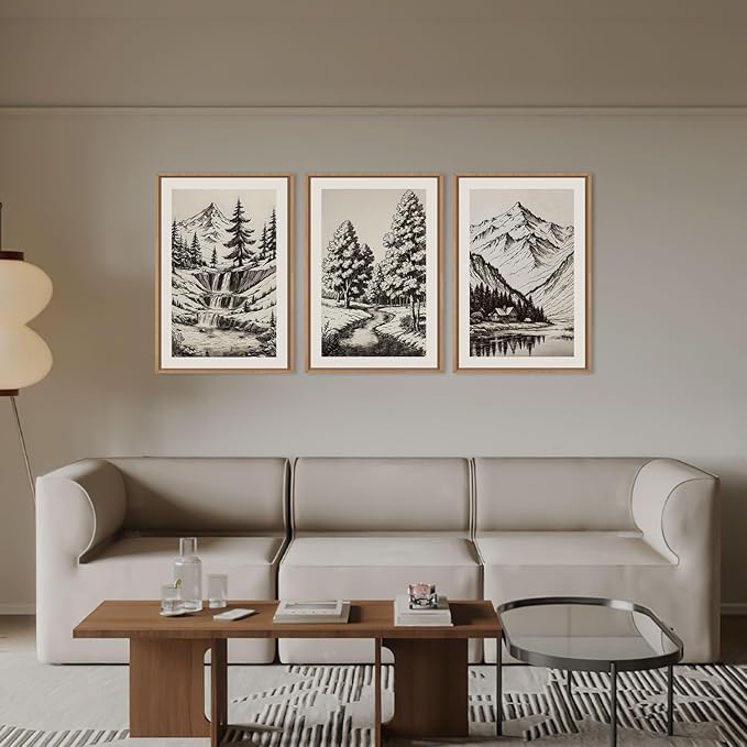 HOURIA Vintage Sketch Pine Tree Mountain Framed Canvas Wall Art Set,Moody Retro Antique Wilderness Botanical Ridge Decor,Modern Natural Black White Artwork for Living Room,Bedroom,Farmhouse- 16"x24"x3
