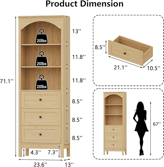 71" H Tall Bookshelf with Drawers, Farmhouse Book Shelf with 3-Tier Open Shelves, Wooden Bookcase with Storage Drawers, Freestanding Bookshelves for Bedroom, Living Room, Natural Wood