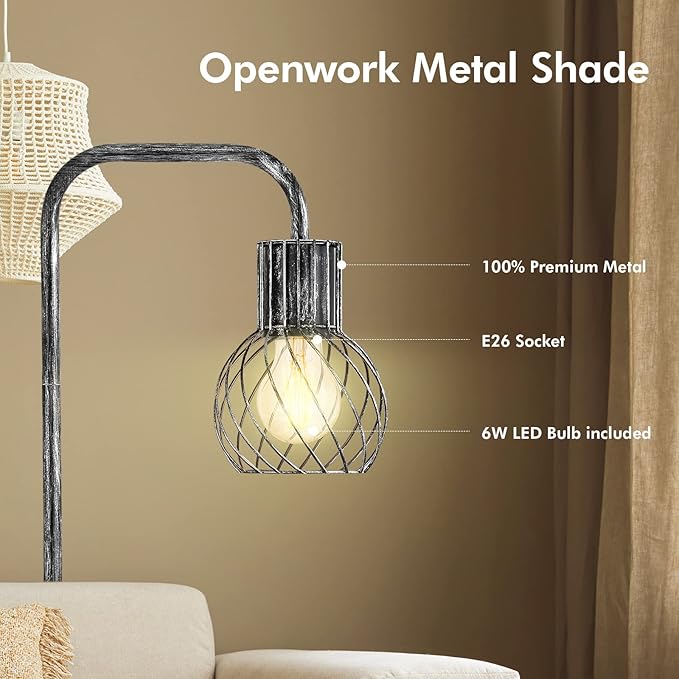 Industrial Floor Lamp, Antique Silver Standing Lamp Modern with 6W LED Bulb, Foot Switch, Metal Tall Lamps for Living Room, Bedroom, Office, Den, Vintage Stand Up Lamp, Minimalist Farmhouse Floor Lamp