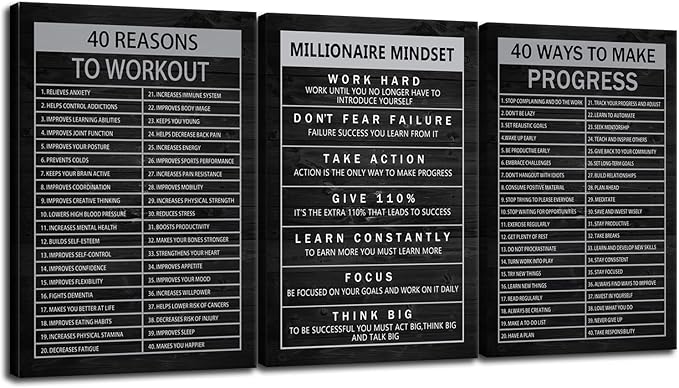 40 Reasons to Workout 3 Pieces Inspirational Wall Art Canvas Print Office Decor Wooden Framed Prints Motivational Millionaire Mindset Quotes for Wall Art Home Decoration Ready to Hang[72''Wx 36''H]