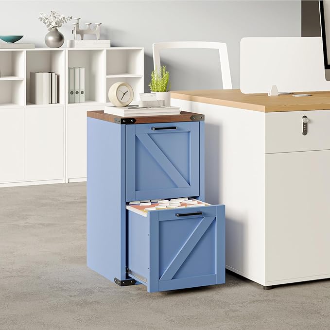 VINGLI 2 Drawer Farmhouse Metal File Cabinet, Home Office Filing Organizer for Letter File Folder Storage, Printer Stand with Drawers, Archivador, Vertical Filing Cabinet for Study, Business (Blue)
