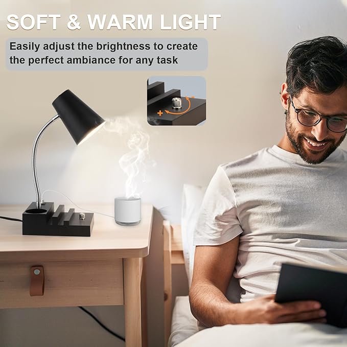 Study Desk Lamp with USB Charging and Type-C Night Light, Gooseneck LED Table Lamp Stepless Dimming Study Table Lamp with Pen Holder for College Dorm Bedroom and Office (Black)