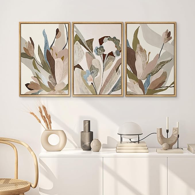 SIGNWIN Framed Canvas Print Wall Art Set Botanical Abstract Earthy Neutral Floral Illustrations Modern Art Decorative Boho Relax/Zen Nordic for Living Room, Bedroom, Office - 16"x24"x3 Natural