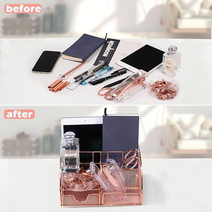 Rose Gold Desk Organizers and Accessories,Office Supplies Set,13PS Set with Acrylic Stapler,Tape Dispenser,Staple Remover,Pen Holder,Clips,Scissor, Phone Holder,Pen