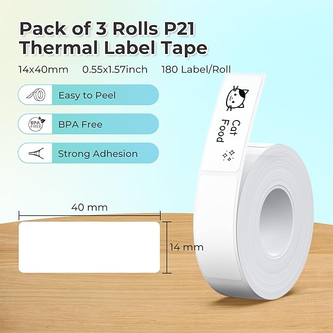 Nelko White Label Maker Machine with Tape, P21 Label Printer, Adapted Label Print Paper, 14x40mm (0.55"x1.57"), Standard Laminated Office Labeling Tape Replacement, 180 Tapes/Roll, 3 Rolls, White