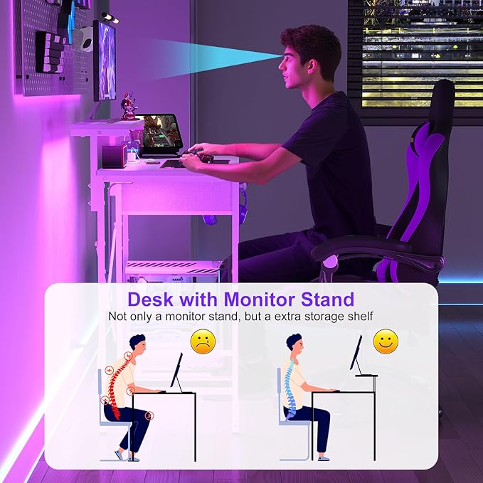 X-cosrack 33.5" Small Gaming Desk with LED Lights & Power Outlets, Compact Computer Desk with Monitor Stand & CPU Stand, Gamer Table with Storage Drawer, Side Hooks for Home Office, Bedroom, White