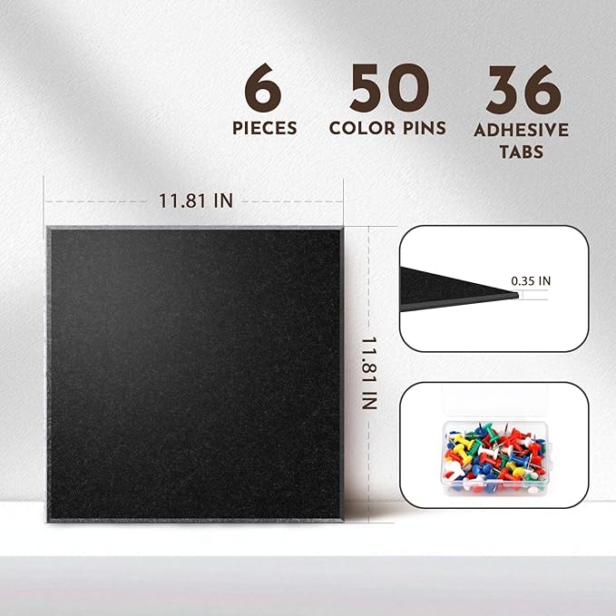 MISSDAY Black Acoustic Wall Panel Felt Bulletin Board 24" x 36" Cork Board for Wall, 6-Pack Boards with 36 Removable Adhesive Tabs, 50 Pushpins, Pin Board for Home Office Classroom Soundproof Tiles