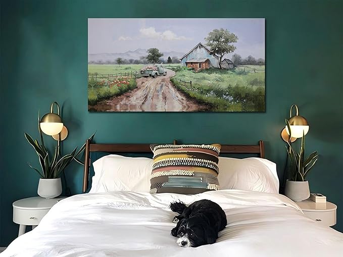 Arjun Landscape Wall Art Canvas Farmhouse Pictures Wall Decor for Living Room, Nature Farm Painting Green Countryside Barn Bedroom Picture Artwork Framed Home Office Wall Decor, Large 48"x24"
