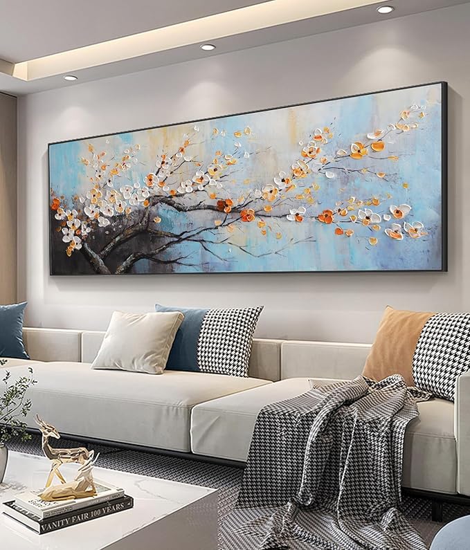Hand-Painted Plum Blossom Wall Art for Living Room, Large 3D Texture Floral Canvas Oil Painting for Bedroom, Modern Black Framed Artwork for Above Sofa Office Kitchen Ready to Hang 24x56 Inches