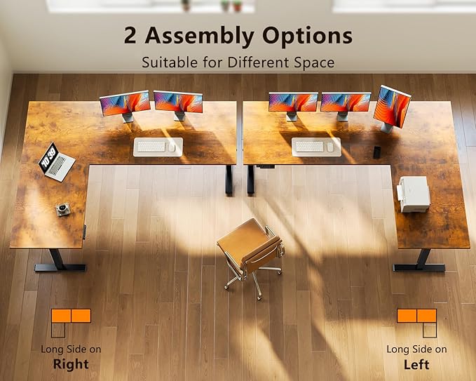 Casaottima 71 Inch Reversible Electric L Shaped Standing Desk, Height Adjustable Corner Stand up Desk, Ergonomic Large Lift Table for Home, Office, Workstation, Reception Room, Rustic Brown