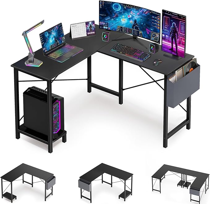 OLIXIS 50-Inch L Shaped Desk,Grey Office Computer Gaming Desks Corner PC Table with Side Bag and Reversible Shelf for Home Work Study Writing