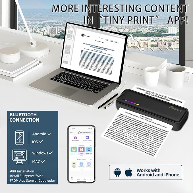 Portable Thermal Wireless Printers for Home Use, Inkless-Bluetooth-Printer Support for A4 Size Compatible with iOS, Android & Laptop for Tattoo,Travel,Office（Black with 6Rolls Thermal Paper）