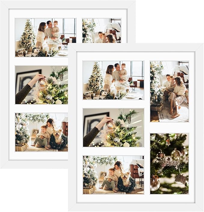 Golden State Art, 11x14 White Wooden Frame with White Mat - Displays Five 4x6 Photos - Tempered Glass - Wall Mounting, Portrait, Set of 2