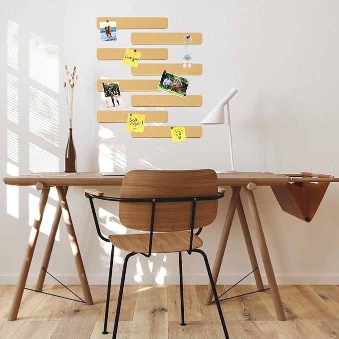 8Pcs Rectangle Felt Cork Board Bar Strips with 35 Pushpins, Self-Adhesive Bulletin Board Strips for Office School Home Wall Decor Stickers Memos Schedules Photos Display -Deep Camel