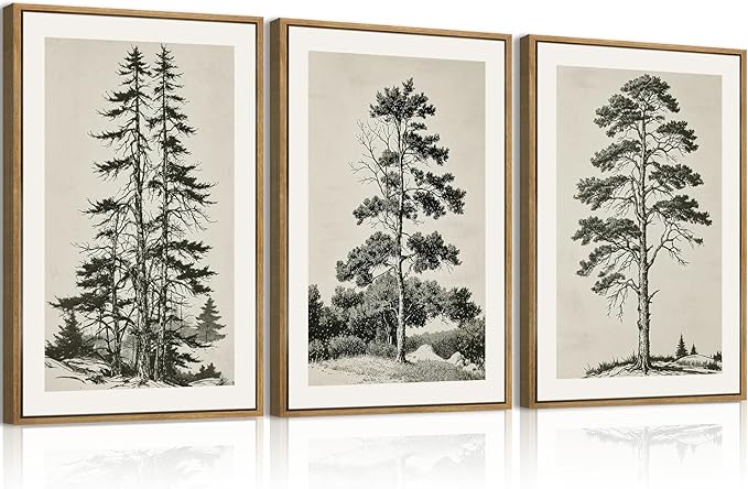 ANHUIB Vintage Tree Sketch Framed Canvas Wall Art 24x36 Inch Neutral Wilderness Forest Paintings Retro Botanical Wall Decor Set of 3 Black and White Landscape Prints for Living Room Bedroom Office