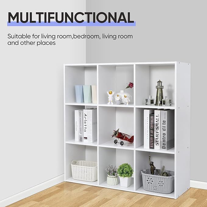 SUPER DEAL 9 Cube Storage Organizer 11 inch Cube Storage Shelf 3 x 3 Wood Bookcase Display Bookshelf with 5 Removable Back Panels for Kids Children Home, Office, Bedroom, Living Room, White