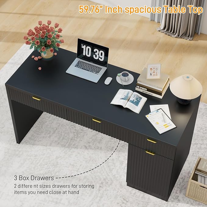 60" Executive Desk with Fluted Drawers, Wood Home Office Desk with Storage Cabinet, Fluted Reversible Computer Writing Desk for Study, Living Room,Black