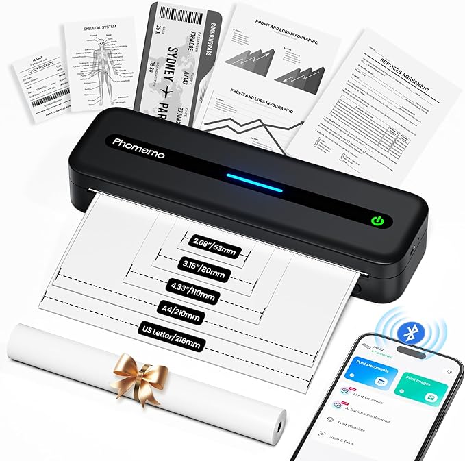 Phomemo Portable Printers Wireless for Travel, Inkless Portable Thermal Printer for Phone Laptop, Support 8.5'' x 11'' US Letter and A4 Szie, Bluetooth Mobile Printers for Vehicle Office Home Use
