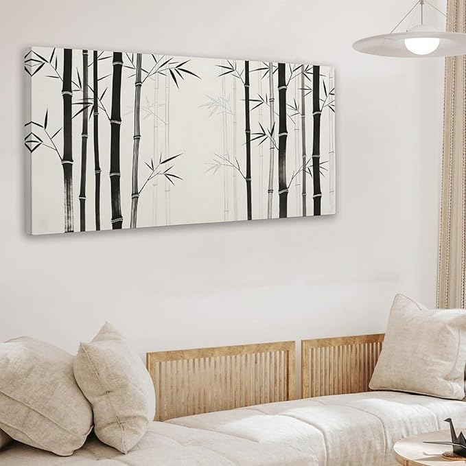 Black White Bamboo Framed Canvas Wall Art for Bedroom, Botanical Wall Decor 58" L x 28" W