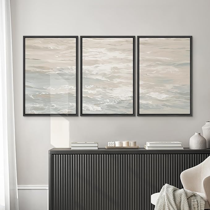 SIGNWIN Framed Canvas Print Wall Art Set Serene Neutral Ocean Waves Abstract Illustrations Modern Art Decorative Nordic Abstract for Living Room, Bedroom, Office - 24"x36"x3 Black