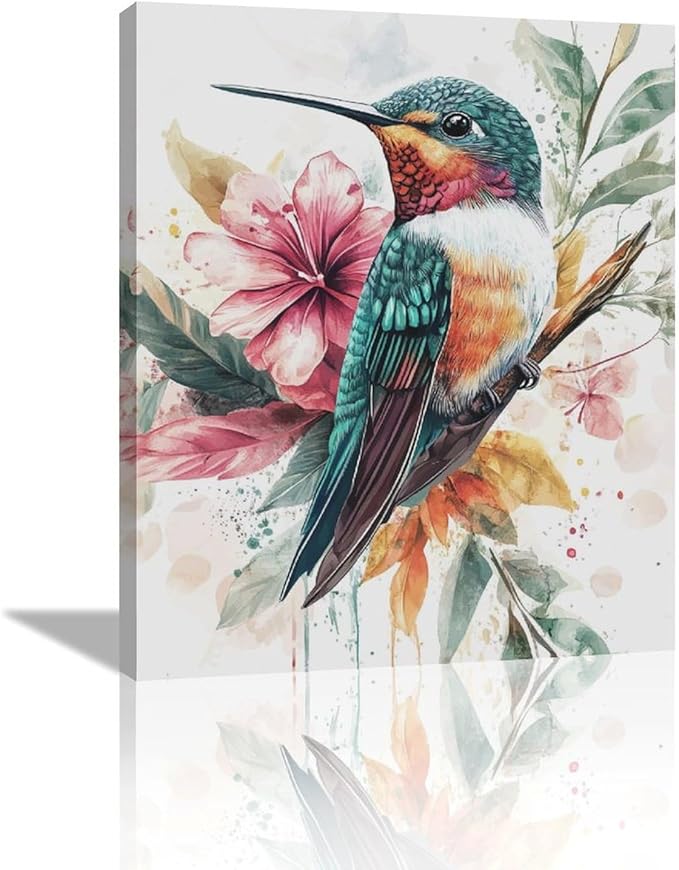 Watercolor Hummingbird Wall Art Country Flower Bird Pictures Wall Decor Colorful Canvas Painting Modern Home Artwork Decorations for Bathroom Bedroom Living Room Office Framed 20"x24"