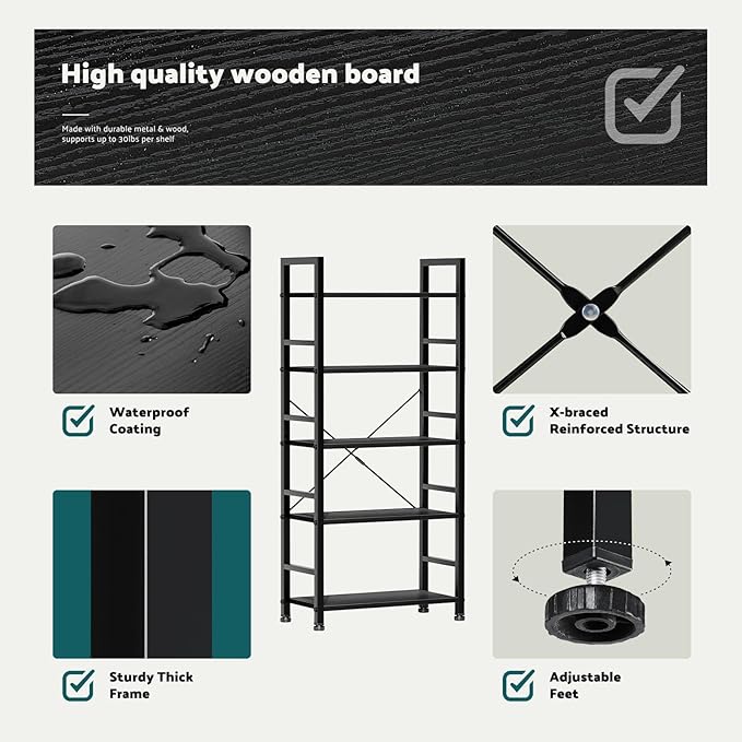 NEWBULIG Book Shelf 5 Tier Modern Bookcase Sturdy Metal Storage Organizer Books/CDs/Magazines Industrial Open Display Shelf for Bedroom Home Office Kitchen Living Room