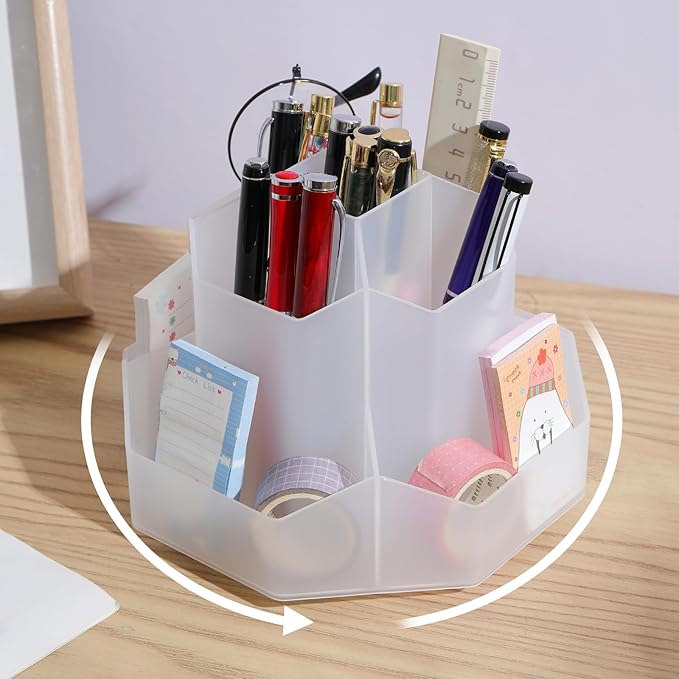 INSTOME Desktop Organizer with Pencil Holders,360°Rotating Pen Holder for Desk Organizer,9 Compartments and Makeup Brush Holders,Multifunctional Office Supplies for Home,Teachers and School (Clear)
