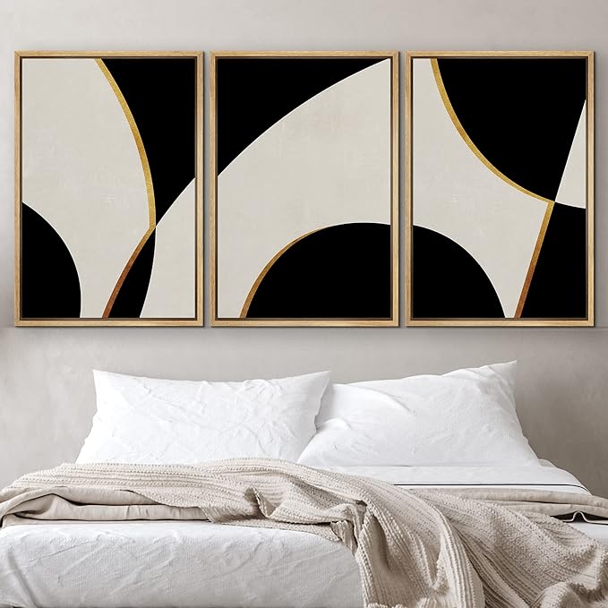 IDEA4WALL Framed Canvas Print Wall Art Set Art Deco Mid-Century Black Gold Polygons Abstract Shapes Illustrations Modern Art Contemporary for Living Room, Bedroom, Office - 24"x36"x3 Natural
